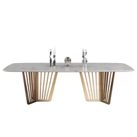 Ensemble de salle à manger moderne de luxe avec table en pierre et 6 chaises pour la maison/le restaurant, avec support en acier doré, ensemble de meubles de salle à manger rectangulaire