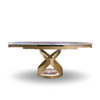 Table à manger extensible moderne de luxe avec plateau en pierre frittée ovale et base en acier doré, 6 à 8 places, pour villa, hôtel, projet commercial