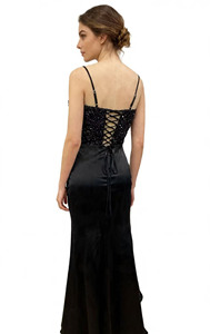 Abito <span class=keywords><strong>da</strong></span> sera a sirena nero <span class=keywords><strong>con</strong></span> paillettes, spacco e spalline sottili, modello ODM OEM - Product Image 2