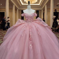 Brasilianisches Ballkleid für den 15. Geburtstag, rosa, schulterfrei, im Quinceanera-Stil, mit 3D-Blumen und Perlenstickerei, Prinzessinnenkleid