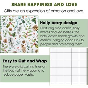 Papel de Regalo Navideño con Diseño de Piñas y Bayas, 17 Pulgadas x 32.8 Pies, Ecológico, Estilo Vintage para Manualidades y Regalos - Product Image 6