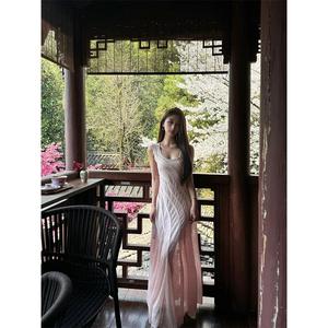 Vestido sin mangas rosa con cuello en U para mujer, ajustado, con cintura ceñida, falda larga de encaje tipo lápiz, transpirable, dulce, informal para el día a día. - Product Image 2