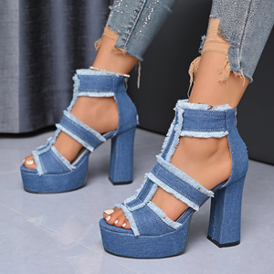 New Jeans Plus Size Women's Summer Heeled <b>Sandals</b> With Chain Back Zipper - Product Image 1