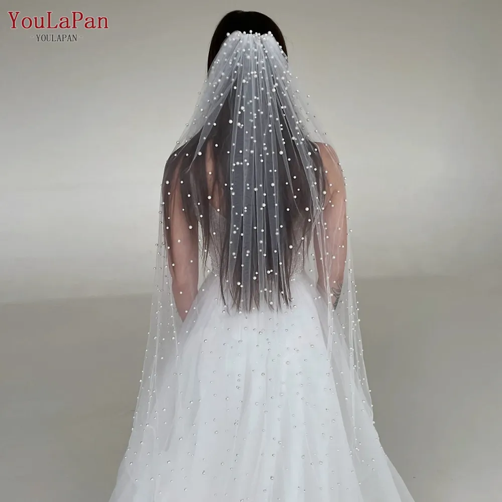 YouLaPan V09A High Quality Bridal Veil 3M Long Cathedral Pearl Veil Soft Nylon Tulle White Off-White Wedding Single Layer Veil