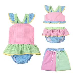wholesale kids girls swimwear seersucker color block gingham boys swim trunks sibling summer swim suit