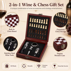 Coffret Cadeau Luxe 2-en-1 Échecs et Vin – Kit Complet d'Outils à Vin et Pièces d'Échecs – Cadeau Unique pour Anniversaire ou Anniversaire <span class=keywords><strong>de</strong></span> Mariage - Product Image 6