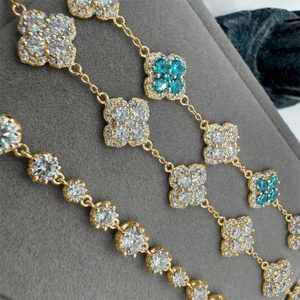 Fashion Jewelry Copper 14K Gold Plated Bezel Setting Five Flower VVS GRA Moissanite Four Leaf Clover Chain Link <b>Bracelets</b> - Product Image 4