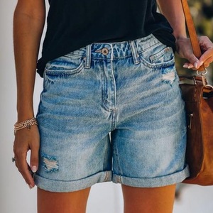 Short en jean bleu taille haute respirant pour femme 2026, coupe droite, déchiré, ourlet retroussé, style urbain tendance avec poches - Product Image 3