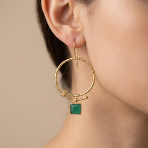 Green onyx square gemstone dangle drop <b>earring</b> brass 18k gold plated texture finish big circular design <b>hook</b> <b>earring</b> for women - Product Image 3