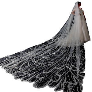 Voile de mariée de haute qualité, très vendu, avec des paillettes scintillantes, 100% polyester, bord en dentelle appliqué, 300 cm de long, traînant sur le sol, pour la scène - Product Image 1