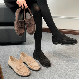 Mocasines de Gamuza, Estilo Otoño Invierno 2025, Nuevo Estilo, Punta Redonda Plisada, Planos, Sin Cordones, Estilo Británico, Zapatos de Mujer, Zapatos Náuticos - Product Image 4