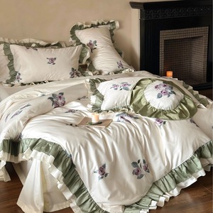 Juego de Ropa de Cama de Algodón de Fibra Larga 100% Algodón Estilo Francés, con Volantes Florales, Funda de Edredón, Fundas de Almohada y Sábanas para Uso Doméstico - Product Image 2