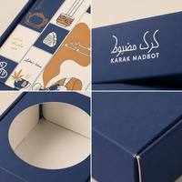 Caja de Papel Azul Rey Personalizada con Ventana Redonda para Tazas de Té, Pasteles y Alimentos, con Logotipo en Lámina Dorada