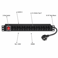 PDU sur rack 19'' 1U personnalisé OEM, 8 prises 16A Schuko Type F, unité de distribution d'alimentation pour armoire de serveur de centre de données