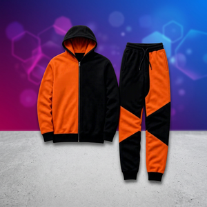 Survêtement à capuche pour homme, orange et noir, avec blocs de couleur, manches longues, fermeture éclair, poches latérales, tenue décontractée pour l'automne - Product Image 2