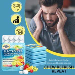 Tabletas masticables para aliviar la resaca <span class=keywords><strong>con</strong></span> electrolitos, reponen los electrolitos, alivian el <span class=keywords><strong>dolor</strong></span> <span class=keywords><strong>de</strong></span> <span class=keywords><strong>cabeza</strong></span>, las náuseas <span class=keywords><strong>y</strong></span> la fatiga, aceleran la recuperación - Product Image 1