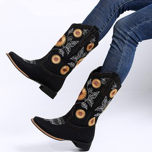 Nuevas Botas Vaqueras de Mujer a Media Pantorrilla, Estilo Western, con Bordado de Girasol, Puntera Cuadrada y Tacón Bajo - Product Image 3