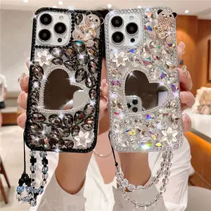 iPhone 14 Plus 14 Pro Max闪光钻石珠光盒女士用钻石装饰镜盒