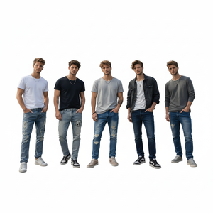 Jean en denim déchiré coupe droite pour homme NH063, en coton mi-lourd, délavage vieilli, style décontracté printemps - Product Image 1