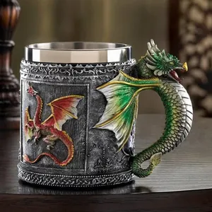 Venta al por mayor verde Oberon dragón modelo Medieval resina taza Estilo nórdico resina taza de acero inoxidable Retro gótico jarra regalo de vacaciones