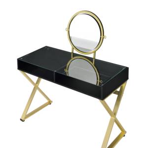 Modern Solid Oak Wood Makeup <b>Vanity</b> Desk with Removable Mirror Black & Gold Finish Bedroom Furniture - Product Image 3