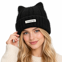 Bonnet tricoté 3D oreilles de chat pour femme, chapeau d'hiver côtelé mignon avec étiquette logo personnalisée, bonnet tricoté chaud à revers pour le streetwear quotidien