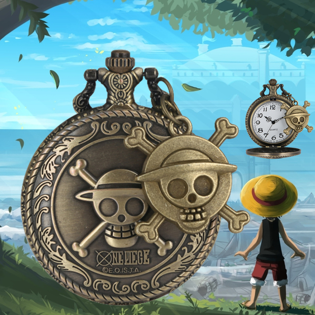 Retro Bronze Necklace Chain Steampunk Japan Cartoon Anime Skull Pirate Quartz Pocket Watch for Cosplay Gift