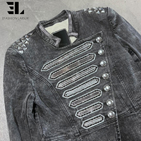 Veste Bomber en Jean Délavé et Teint Sur Mesure LARSUR, Style Napoléon, Coupe Slim, Col Montant, Courte, Type Moto, Veste Hussar en Jean