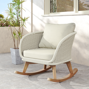 Silla Mecedora de Mimbre Beige con Cojines Suaves de Poliéster y Estructura de Madera Resistente, Muebles de Jardín Portátiles para Exteriores - Product Image 1