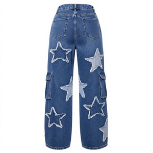 Pantalon cargo en jean taille haute déchiré avec appliqué étoile, bords effilochés, coupe ample, style streetwear, longueur intégrale, fermeture boutonnée - Product Image 2