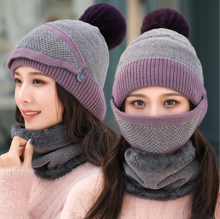 ชุดผ้าพันคอหมวกถัก,หนาสำหรับผู้หญิงฤดูหนาว