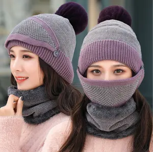 Conjunto de máscara de malha para mulheres, chapéu de malha grosso de inverno