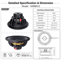 Haut-parleur de graves en néodyme HD08N12 200/8" 150W RMS, 300W de crête, 16 Ohm, bobine vocale de 2,0" pour système de sonorisation PA de scène