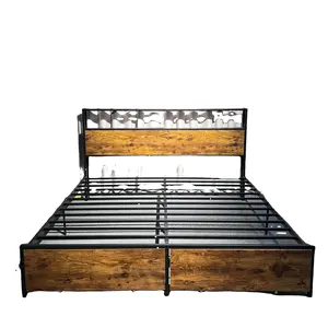 Cadre de lit en métal 2023 Cadre de lit en acier de style industriel rustique avec tête de lit en bois Pied de lit cadre encadré pliant simple