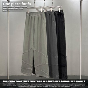 Pantalon droit pour homme en coton épais, taille mi-haute, coupe large, style rétro, délavé, avec coutures contrastées, tendance automne-hiver - Product Image 4