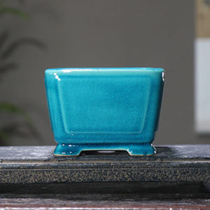 Pot à bonsaï en céramique carré vert avec finition craquelée, pot de fleurs de bureau - Product Image 2