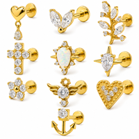 Vente en gros de bijoux de piercing pour cartilage en Titane F136 à dos plat, modèles Labret, clous, boucles d'oreilles, avec Zircon CZ, Opale, Cœur, Croix, Ancre pour Femme