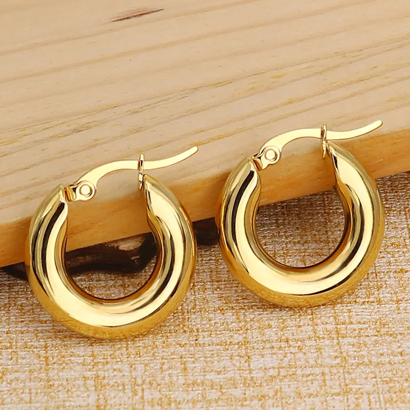 Fashion Hypoallergenic Jewelry 18k Gold Plated 316L Stainless Steel Chunky Thick Hoop Earrings