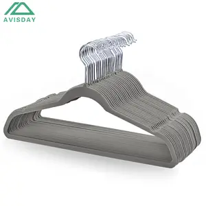 Avisday Top Grade Grey Velvet Hangers Sturdy Anti-Rust Silver Hook Notches Clothes Hanger