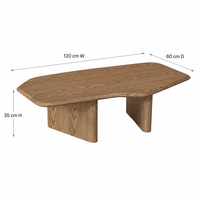 Table basse en bois grainé avec finition placage, silhouette allongée aux coins arrondis et pieds en panneaux pour mobilier de salon