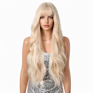 Perruque synthétique longue ondulée blonde avec frange, aspect <span class=keywords><strong>naturel</strong></span>, résistante à la chaleur, pour femme, usage quotidien, fête, cosplay, peut être permanentée - Product Image 1