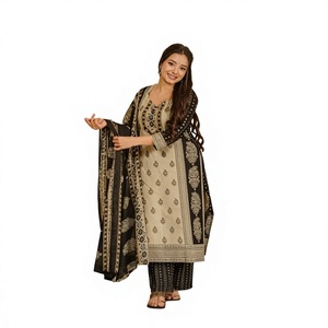Traditional Indian <b>Pakistani</b> Women's <b>Black</b> Beige Embroidered Ankle-Length Cotton <b>Dress</b> Set Casual Wear All Seasons - Product Image 1