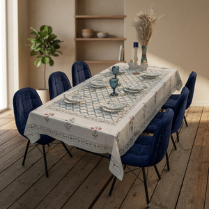 Nappe rectangulaire en coton et lin imprimé floral de haute qualité, faite à la main, lavable, style classique, motif bleu et blanc, pour usage domestique - Product Image 1