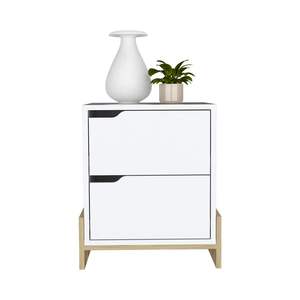 DB Brookland <b>White</b>/Macadamia Finish Nightstand Double Drawers Sturdy Base Modern Design Foldable <b>Bedside</b> <b>Table</b> for Apartment Use - Product Image 4
