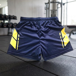 Shorts de sport pour homme en polyester respirant et anti-humidité, imprimé géométrique bleu marine et jaune, taille élastique, pour l'entraînement estival - Product Image 2