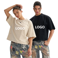 T-shirt Homme Streetwear Hip Hop en Coton Tricoté Surdimensionné, Personnalisé avec Logo Imprimé, Effet Vieilli et Déchiré, Grammage Lourd, Séchage Rapide, Vente en Gros