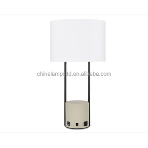 Modern Industrial Style LED Bedside Lamp <b>Brushed</b> Nickel with Pink Fabric Shade USB Port and Outlets for Hotel Bedrooms - Product Image 1