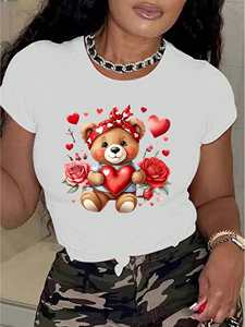 T-shirt da donna con stampa orsetto, manica corta, girocollo, casual estivo, in jersey di poliestere, stampa digitale resistente, vestibilità regolare - Product Image 3