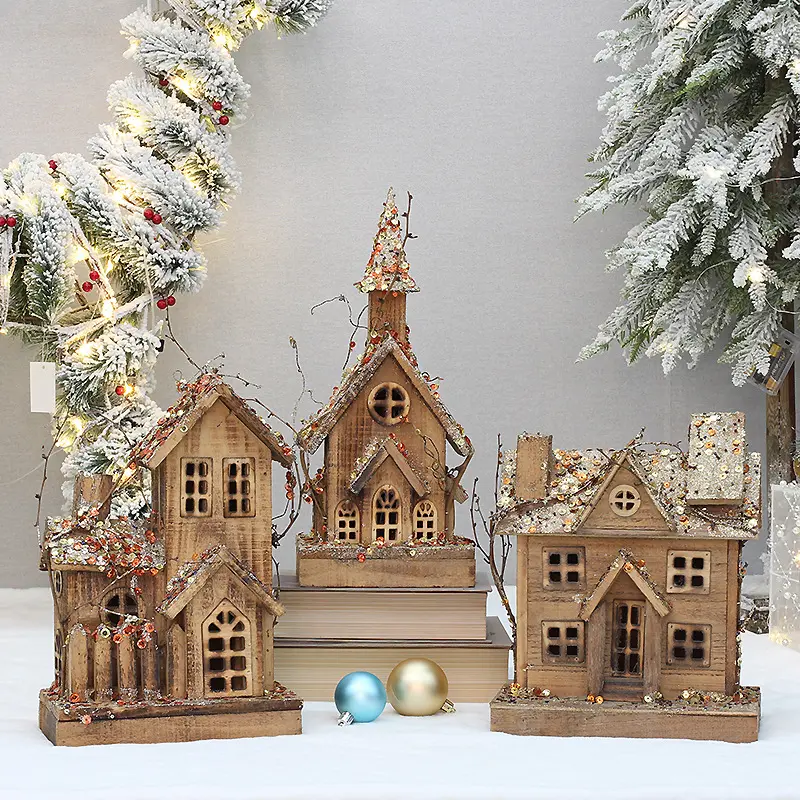 Weihnachts dekorationen Log LED Licht Holz leuchtende Chalet Pailletten Kleines Haus Tisch dekoration liefert Ornamente
