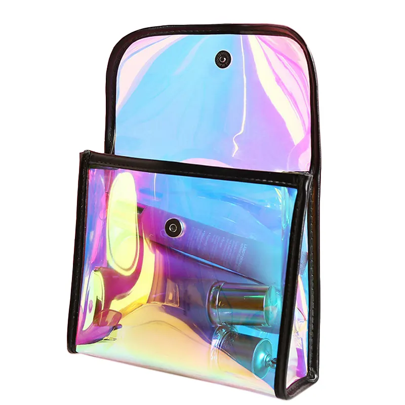新しいファッション虹色レーザーtpu化粧キット収納オーガナイザーバッグ防水ホログラフィックPVC封筒化粧品バッグボタン付き